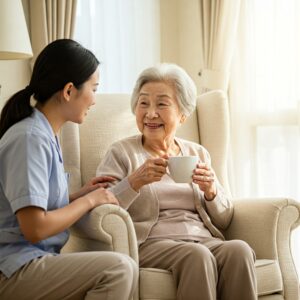 A resident enjoying a cup of tea with a carer