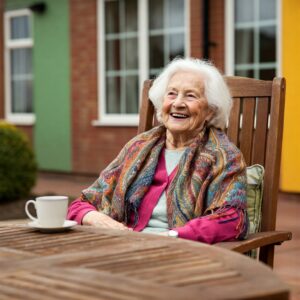 A cheery resident with a cup of tea in the garden