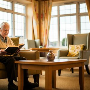 A resident relaxing in the lounge with a book