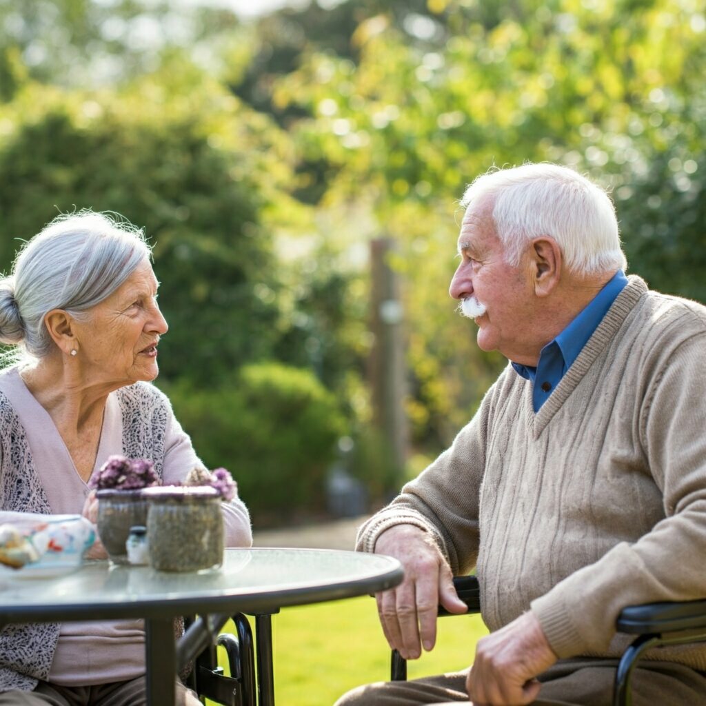 Residents chatting in the garden