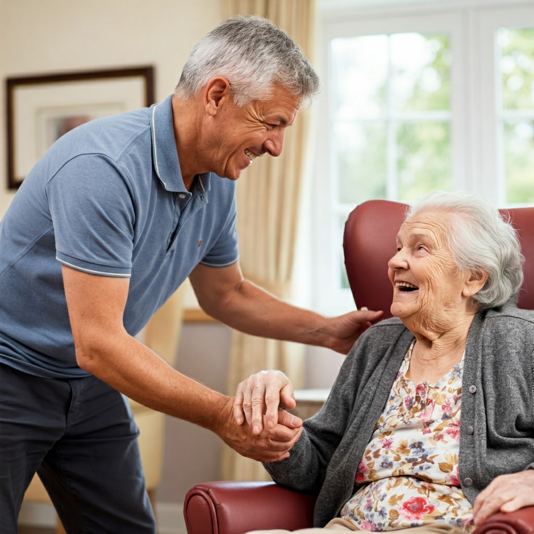 A resident being helped up by a loved one