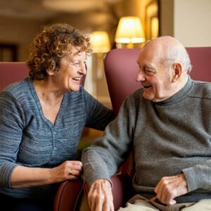 A resident and loved one chatting in the lounge