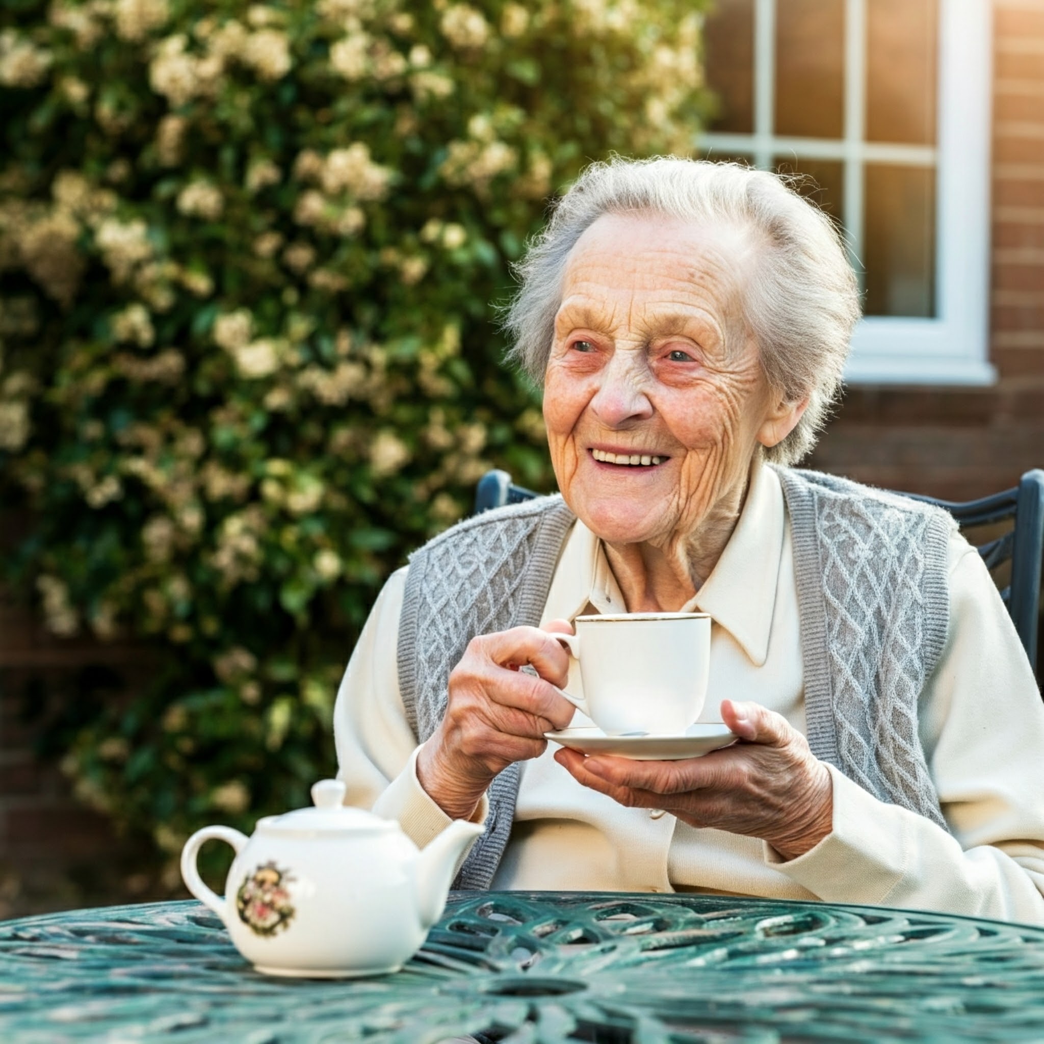 A resident enjoying a cup of tea in the garden