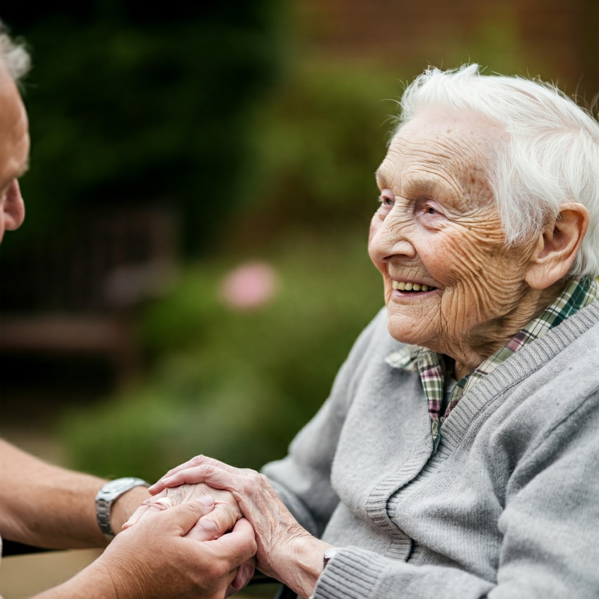 A resident in the garden with a loved one