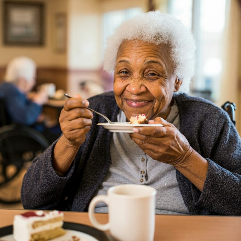 A resident eating cake with a cup of coffee