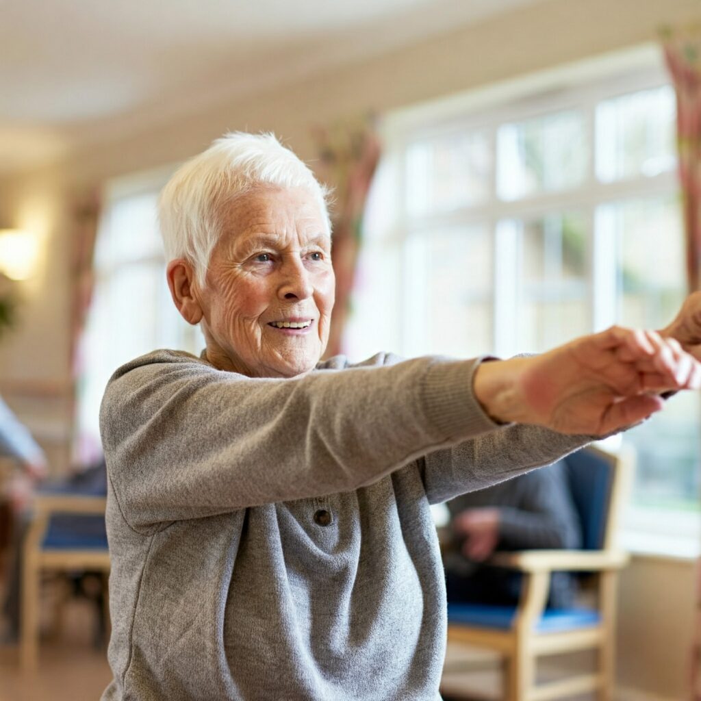 A resident doing yoga in the lounge space