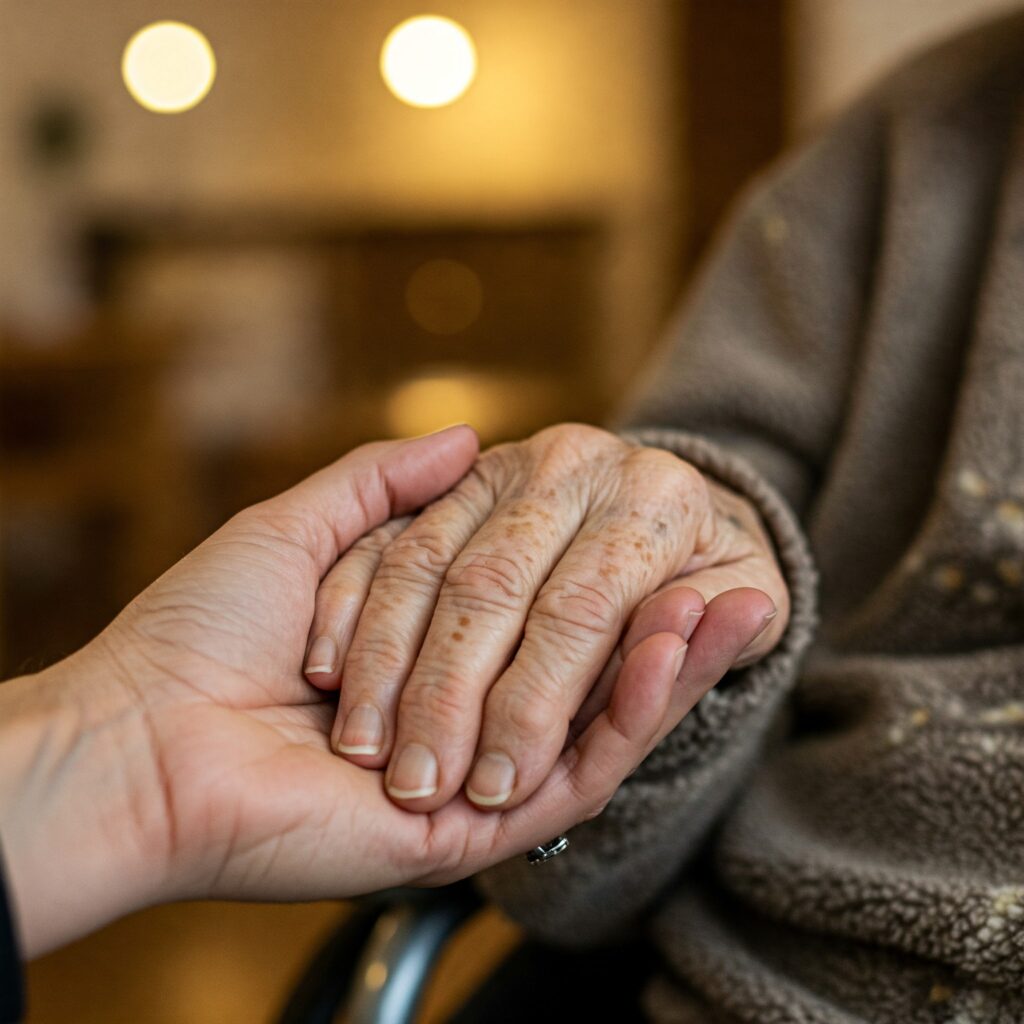 A resident holding hands with a loved one