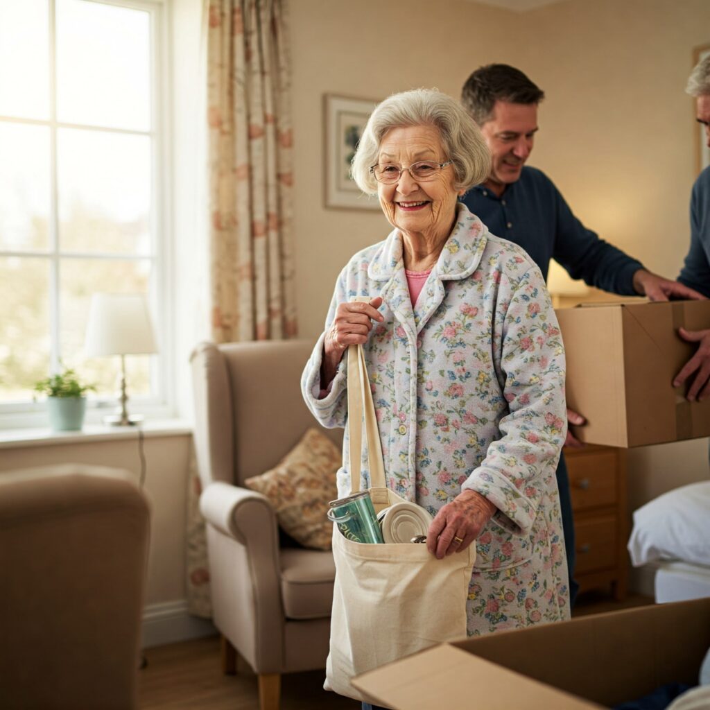 A resident being supported moving possessions into their new room. 