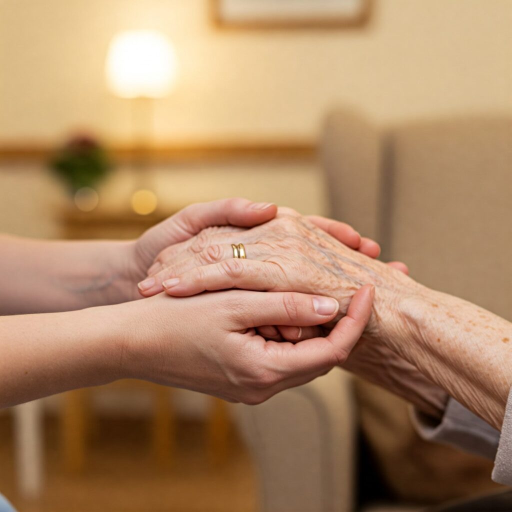 A resident clasping hands with a carer