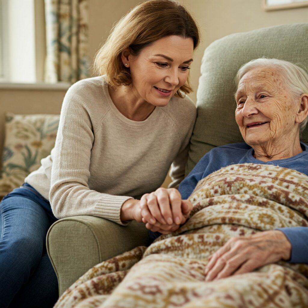 A resident and loved one sitting closely