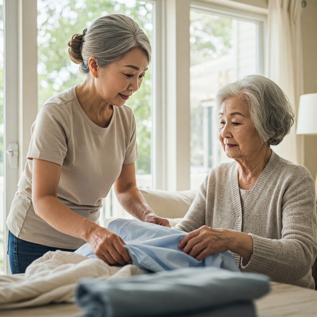 A younger woman helps a loved one with daily tasks