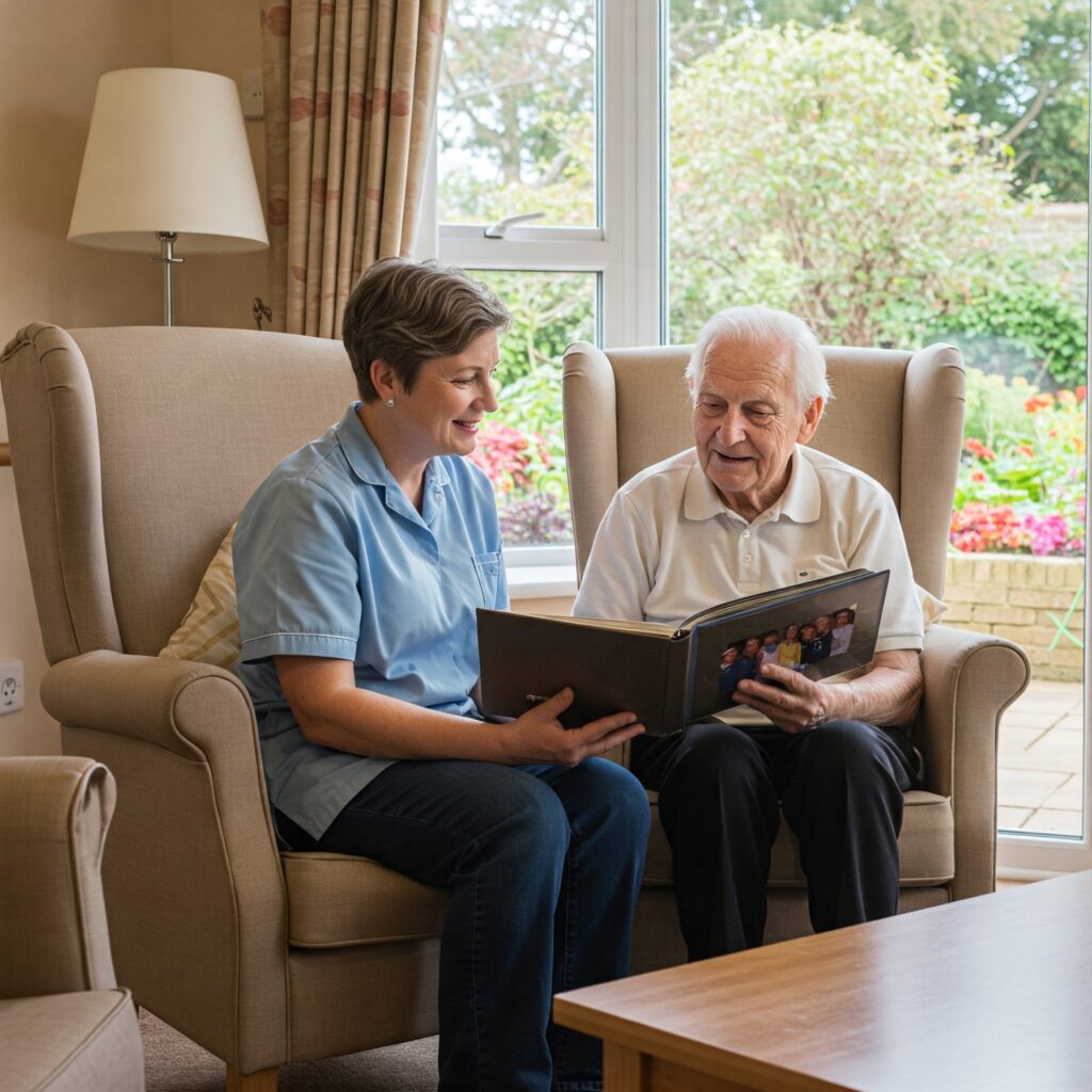 A resident and carer looking through a photo album