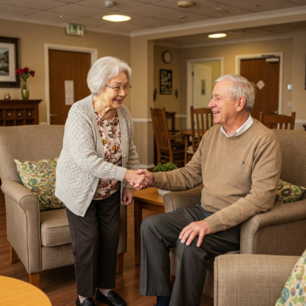 A resident welcoming another to the common room