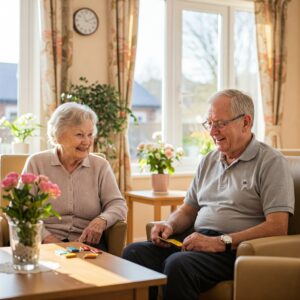 Residents chatting in a common room